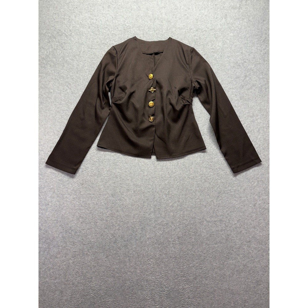 SHEIN Womens Brown Long Sleeve V-Neck Blouse Gold Toggle Button Top Medium